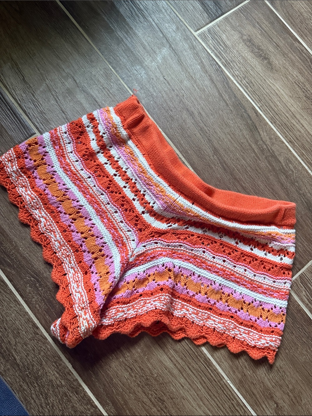 Orange Striped Crochet Knit Shorts